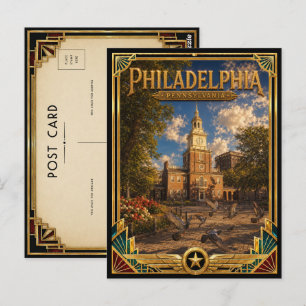 Cartão Postal Filadélfia Pensilvânia Arte Deco Vintage Dourado