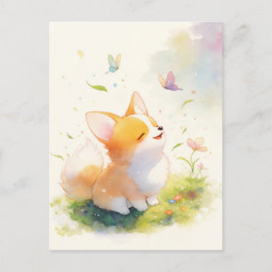 Cartão Postal Filhote de Corgi com Borboletas em Prado Ensolarad