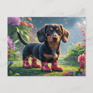 Cartão Postal Filhote de Dachshund Fofo Usando Botas de Chuva