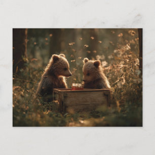 Cartão Postal Filhotes de Urso Aconchegantes e Pote de Mel na Fl