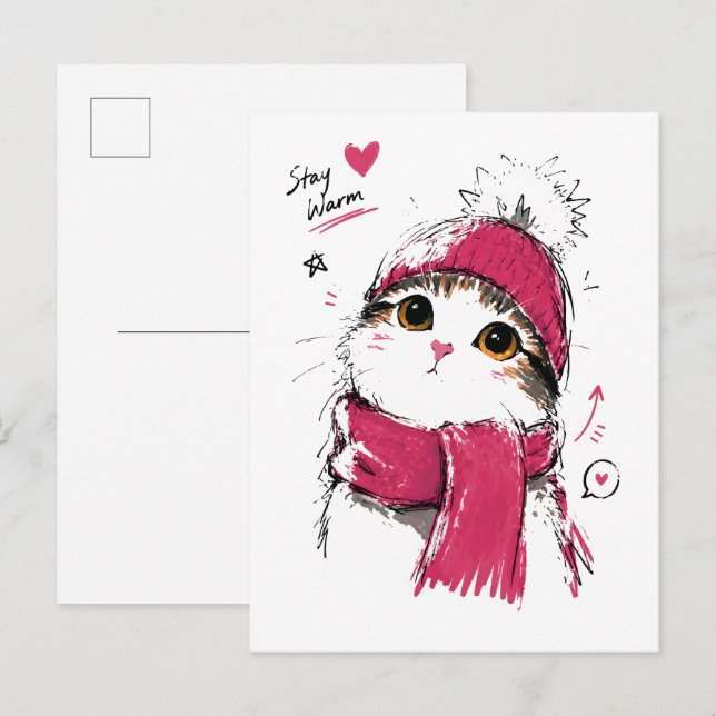 Cartão Postal Fique Aquecido Gatinho Fofo com Gorro e Cachecol d (Frente/Verso)