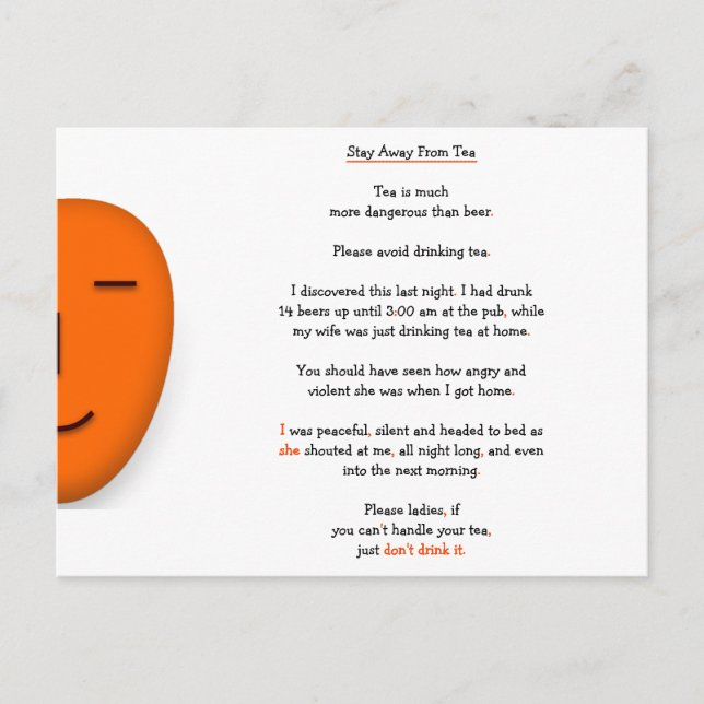 Cartão Postal Fique Longe do Chá Não da Cerveja Piada Divertida  (Frente)