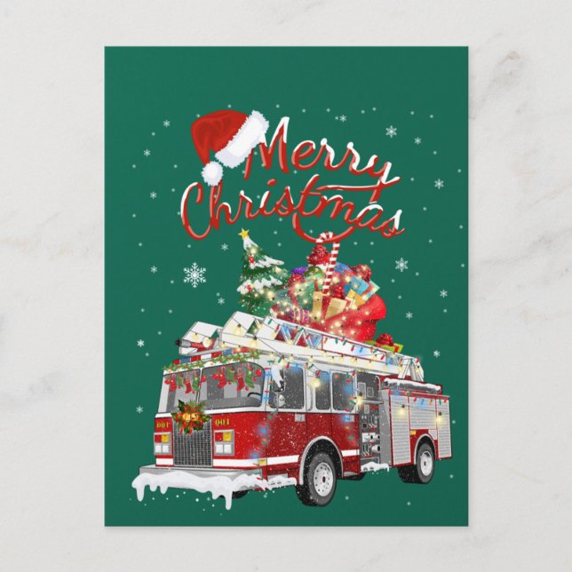 Cartão Postal Firetruck Santa Sleigh Fireman Christmas Firefight (Frente)