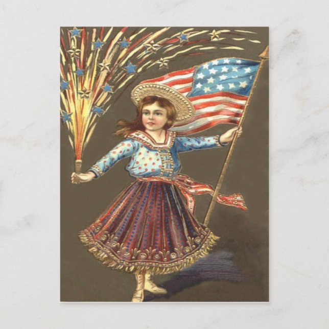 Cartão Postal Fireworks Firecracker Girl USA Flag (Frente)