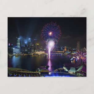 Cartão Postal Fireworks Show no Boat Quay Singapore City Skyline
