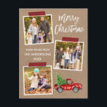 Cartão Postal Fita de Artesanato xadrez Red Truck Kraft Natal<br><div class="desc">O Cartão-postal de Natal Merry Christmas 3 Photo Collage Holiday do Script de Pincel Moderno inclui Fita de Artesanato Vermelho e Caminhão Vermelho de Vintage com Xadrez Vermelha com Árvore de Natal. Rustic Kraft Paper.</div>
