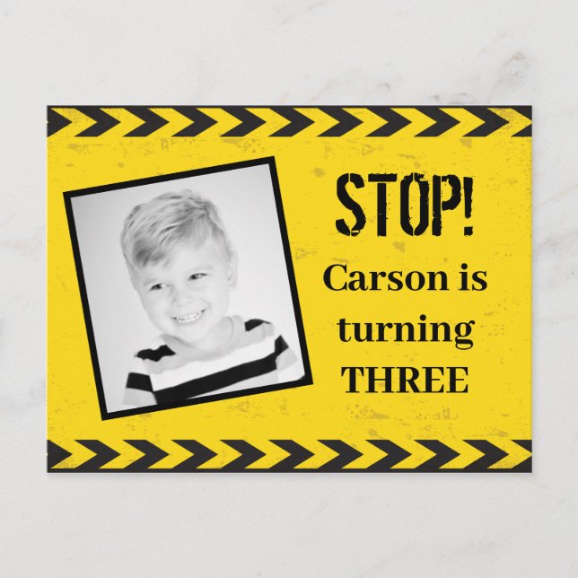 Cartão Postal Fita de Construção Foto Amarelo Festa de Aniversár (Frente)