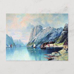 Cartão Postal Fjord na Noruega, pintura de arte,