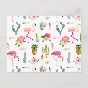 Cartão Postal Flamingo Cactus Pineapple Hibiscus Patterno