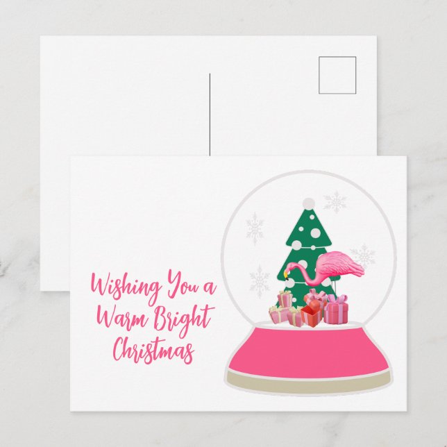Cartão Postal Flamingo Christmas Snowglobe Beach Christmas (Frente/Verso)