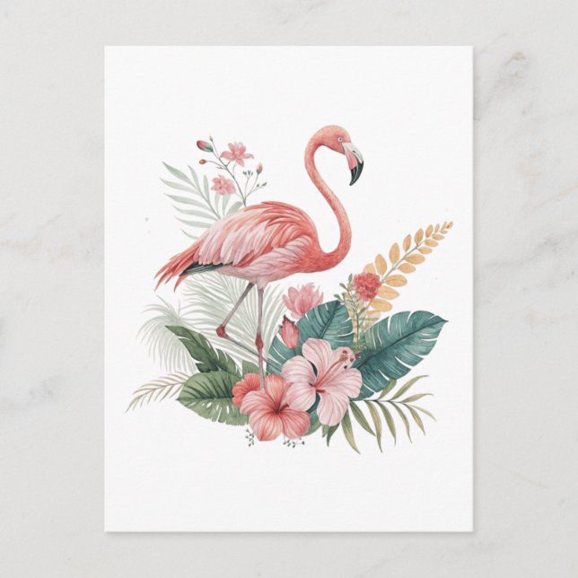 Cartão Postal Flamingo Com Flores (Frente)