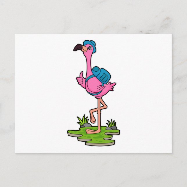 Cartão Postal Flamingo como Mochileiro com Mochila (Frente)