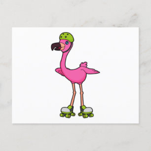 Cartão Postal Flamingo como Patinador com Patins e Capacete