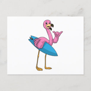 Cartão Postal Flamingo como Surfista com Prancha de Surfe