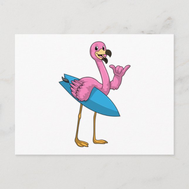 Cartão Postal Flamingo como Surfista com Prancha de Surfe (Frente)
