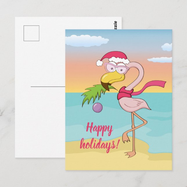 Cartão Postal Flamingo de Natal bonito na praia personalizado (Frente/Verso)