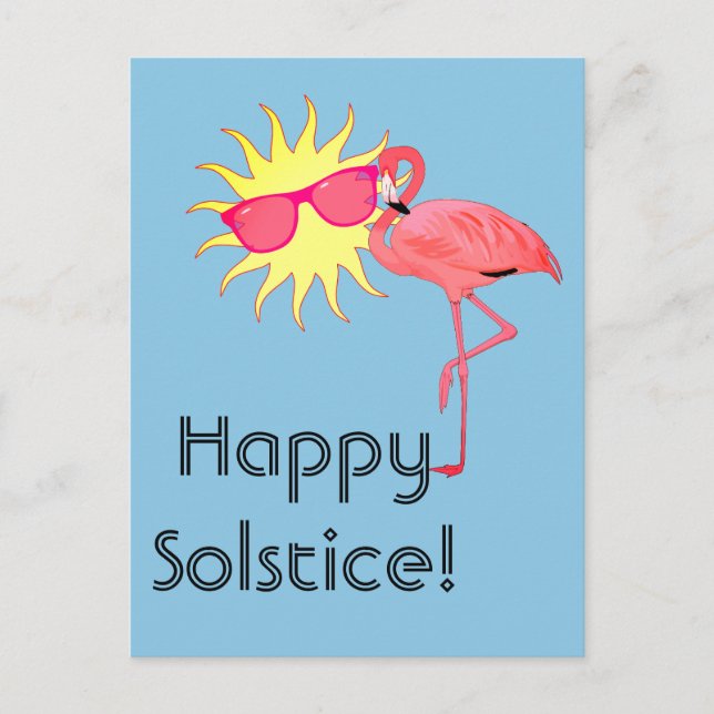 Cartão Postal Flamingo e Rosto do Sol do Solstício Feliz (Frente)