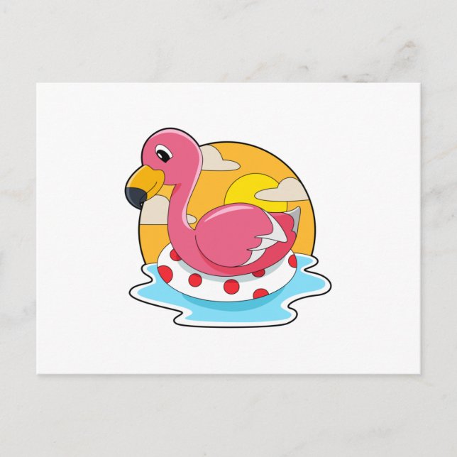 Cartão Postal Flamingo na Natação com Boia de Salvamento (Frente)