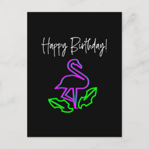 Cartão Postal Flamingo Neon Tropical Aniversário Brilhante