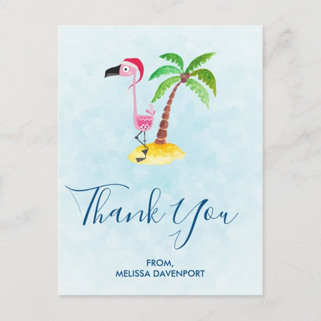 Cartão Postal Flamingo Rosa de Chapéu de Papai Noel Vermelho Nat (Frente)