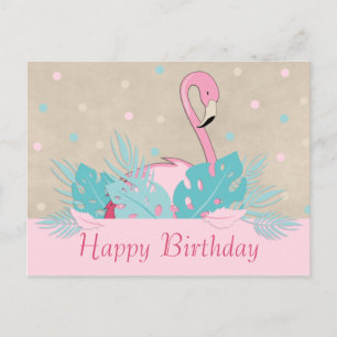 Cartão Postal Flamingo Rosa Elegante e Folhas Tropicais