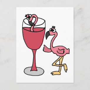 Cartão Postal Flamingo Rosa em Copo de Vinho Rosé