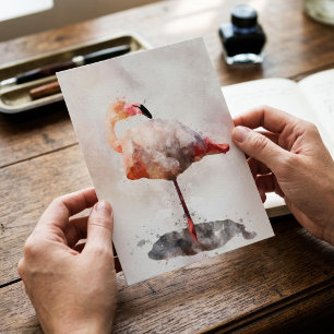 Cartão Postal Flamingo Rosa em Pé em Impressão de Arte em Aquare
