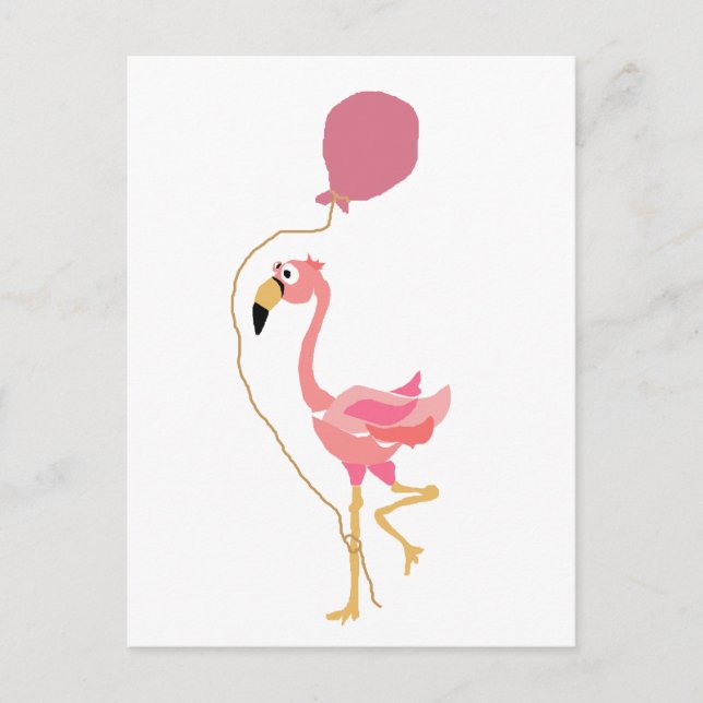 Cartão Postal Flamingo Rosa Segurando Balão (Frente)