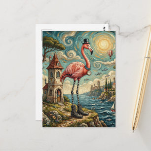 Cartão Postal Flamingo Rosa Surrealista de Botas na Praia
