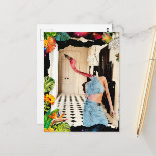 Cartão Postal Flamingo Surrealista Vestindo Azul com colagem de