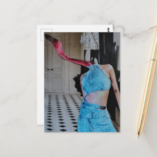 Cartão Postal Flamingo Surrealista Vestindo Azul em uma colagem