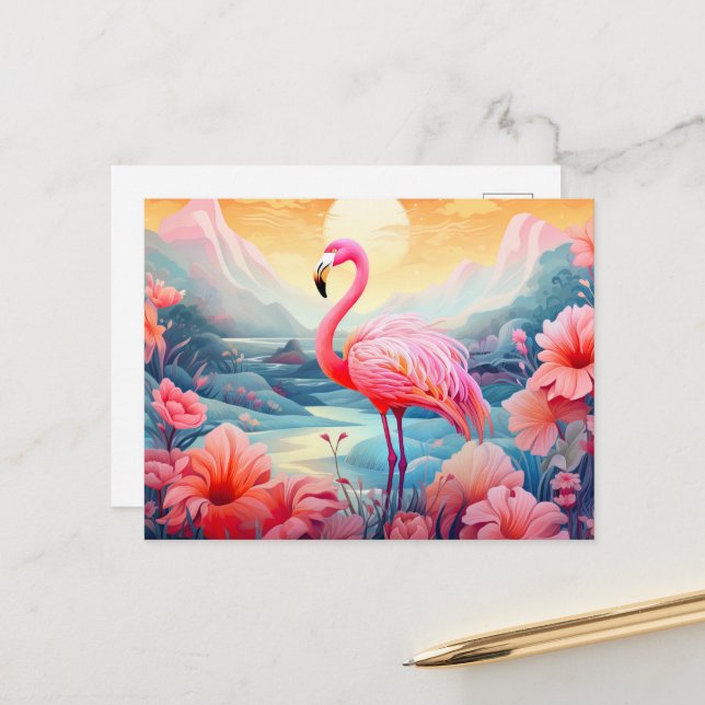 Cartão Postal Flamingo Tropical com Flores (Frente/Verso In Situ)
