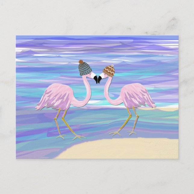 Cartão Postal Flamingos em chapéus feitos malha (Frente)