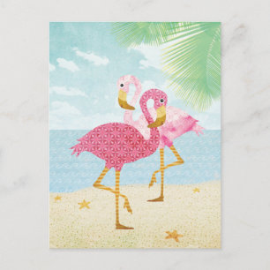 Cartão Postal Flamingos Rosa Aquarela na Praia