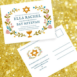 Cartão Postal Flaoral Wreath Bat Mitzvah Personalizado desenhado