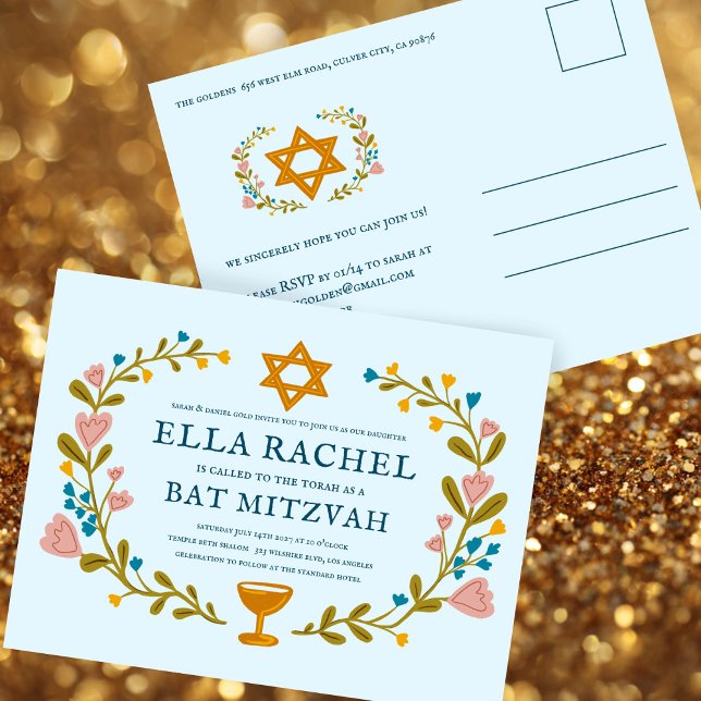 Cartão Postal Flaoral Wreath Bat Mitzvah Personalizado desenhado (Floral Wreath Bat Mitzvah Hand-drawn Custom Postcard Invitation
)