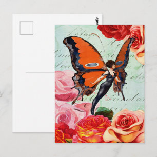 Cartão Postal Flapper Butterfly Rosa Vintage Design