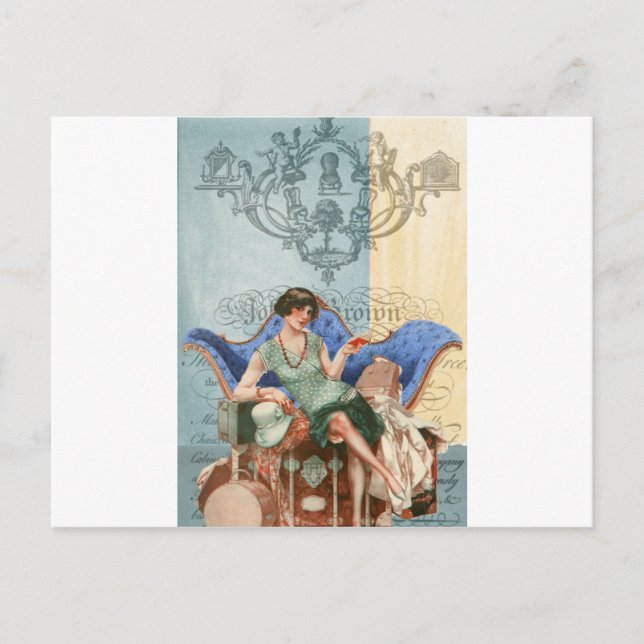 Cartão Postal Flapper com malas, viagem da década de 1920, colag (Frente)