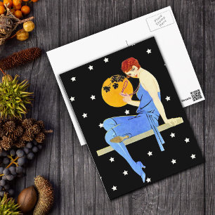 Cartão Postal Flapper Lady Moon Stars Red Hair da Vintage em 192