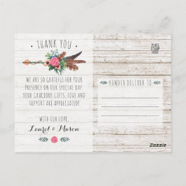 Cartão Postal Flecha Rústica Boêmia de Agradecimento de Casament