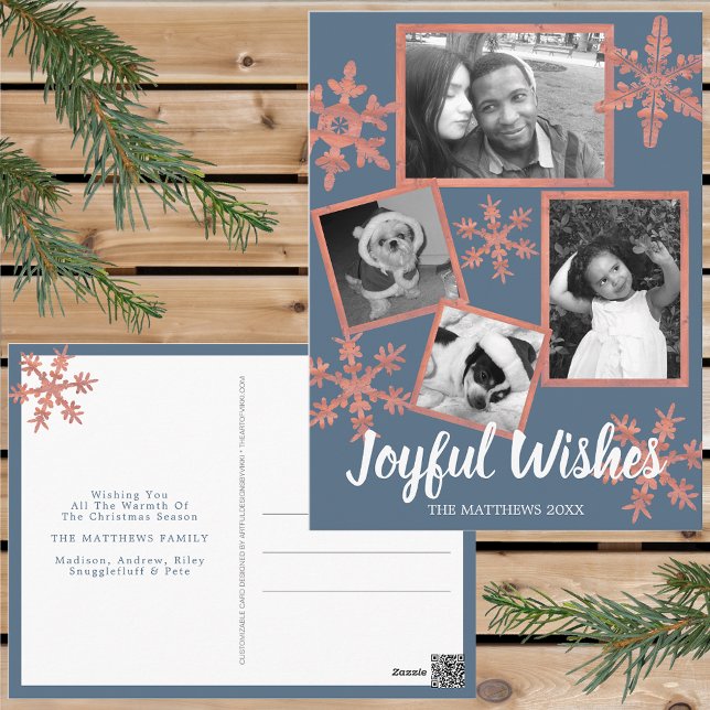 Cartão Postal Floco de neve Russo Azul Moderno 4 Foto Natal (Personalize these rustic snowflake holiday postcards for one of a kind Christmas cheer this year.)