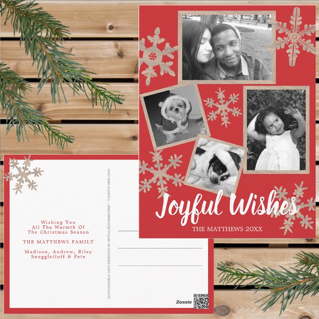 Cartão Postal Floco de Neve Vermelho Moderno 4 Foto Natal (Personalize these rustic snowflake holiday postcards for one of a kind Christmas cheer this year.)