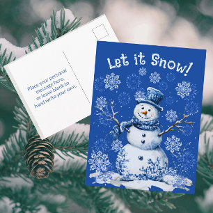 Cartão Postal Flocos de Neve Boneco de Neve Feliz Azul Branco Fe