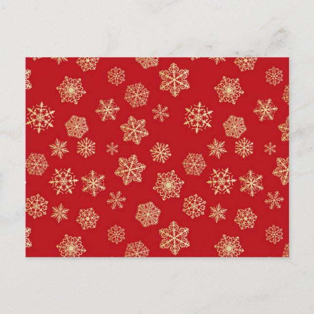 Cartão Postal Flocos de neve dourados contra vermelho profundo (Frente)