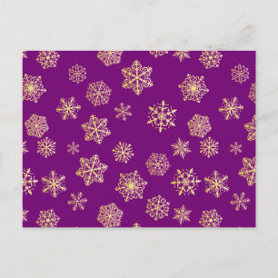 Cartão Postal Flocos de neve dourados em um fundo roxo