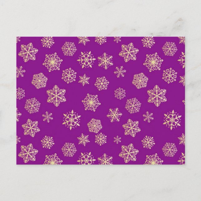 Cartão Postal Flocos de neve dourados, fundo roxo (Frente)
