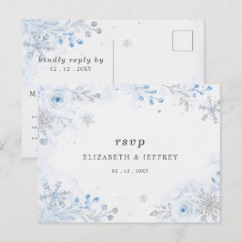 Cartão Postal Flocos de Neve Florais Azul Prata Casamento de Inv