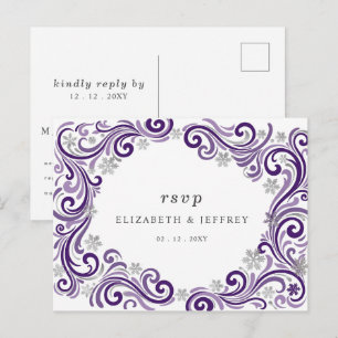 Cartão Postal Flocos de Neve Roxo Prata RSVP de Casamento de Inv