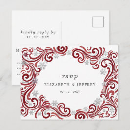 Cartão Postal Flocos de Neve Vermelhos Prata RSVP Casamento de I