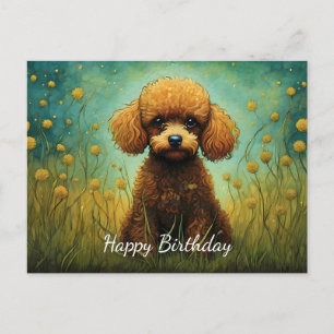 Cartão Postal Floo de Poodle Fofo Campo de Flores Feliz Aniversá